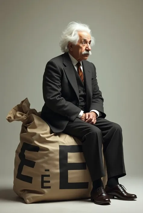 Albert Einstein sitting on a bag made up of  E=MC² theorem.