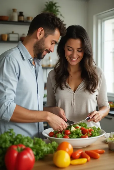  Portrait of a couple preparing a salad in a modern kitchen , with fresh, brightly colored fruits and vegetables .  Natural light that highlights textured skin and ingredients .  Their bodies are symmetrical and anatomically well-proportioned ,  with natur...