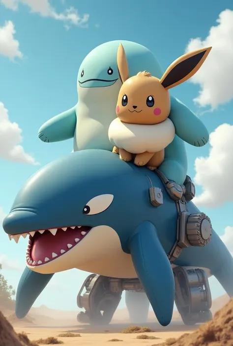 A inflatable blue Snorlax riding on a rideable huge inflatable Eevee riding on a gigantic Chainsaw Orca whale