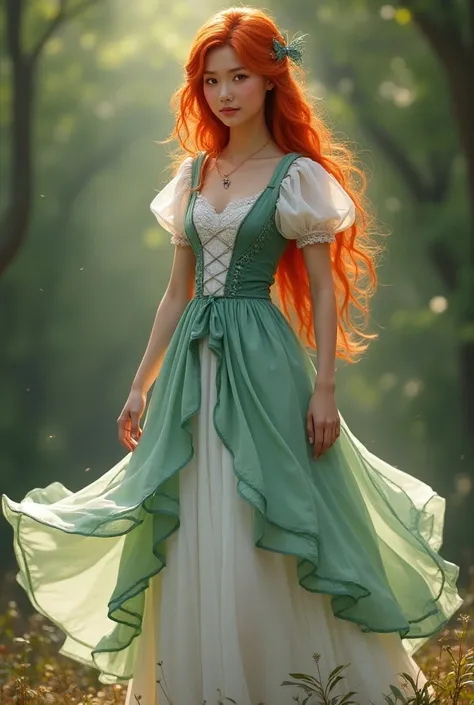 Create an image of a redheaded healer , in a flowing , Playful dress .  The dress should show a white underdress with a green-blue outer dress.  The dress should go up to the ankle at most, have a lacing on the chest ,  and short sleeves and not be shoulde...