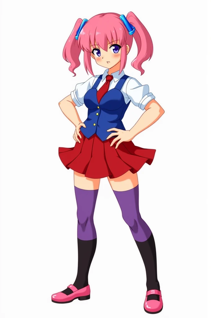 imagen 2d, a young woman with pink hair ,  wearing a white shirt with a blue vest and a red tie .  She also wears a red skirt ,  purple tights down to the knees ,  black thigh-high socks and pink shoes .  She has a confident expression and a playful look i...