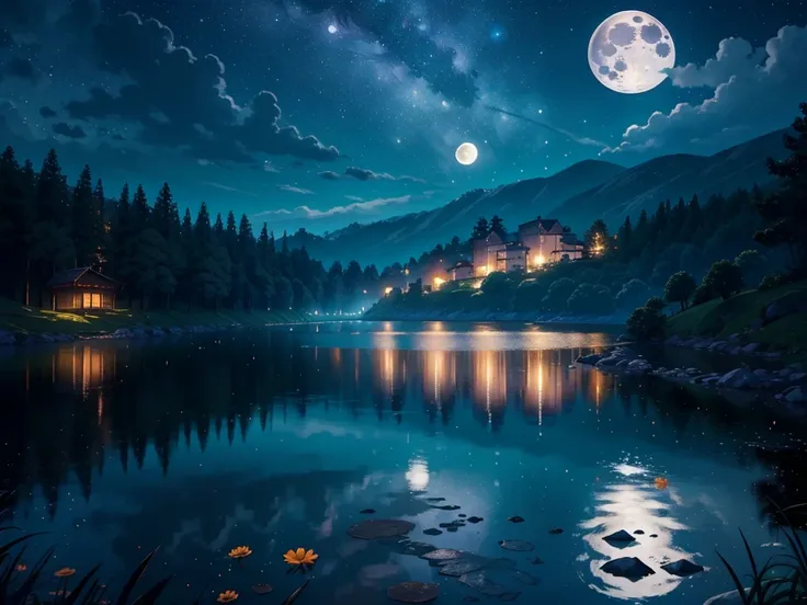 master part, gorgeous, Landscape, (((DDIM_HumaDDIMs))), Noite, flor, Jardim, Starry sky, constellations,((Full Moon)) , atordoante, vista, water, quente, aconchegante, peaceful, Meteoro, cosmico, Magic, magia, particuls, Justo, ((Pirilampos))