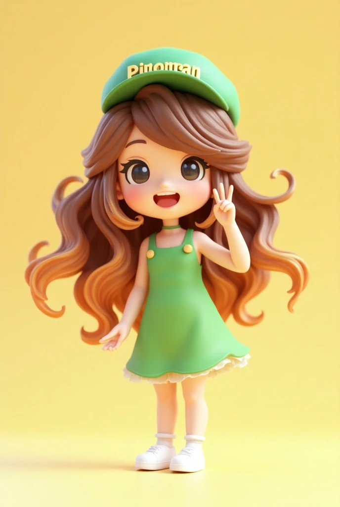 Technical and specific
> "Create a 3D render of a chibi female character, PIMONPAN. She should have long, wavy brown hair with gold highlights, styled in a flowing manner. Her attire consists of an apple green dress, a matching green hat with gold letterin...