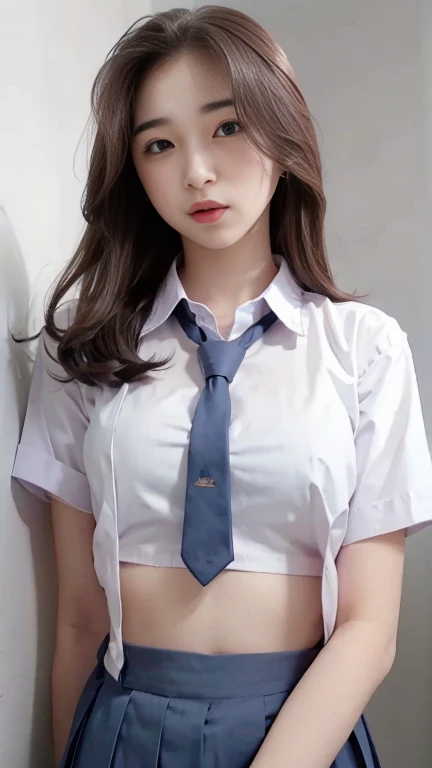 high school uniform, small breast, unbuttoned shirt, open chest, show breast