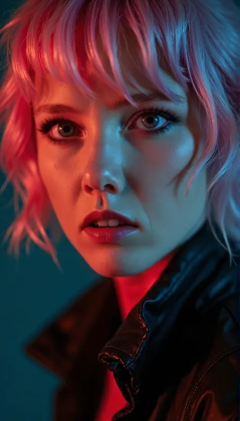 close-up of a woman with short pink hair and piercings, evil look, color photography portrait 4k, realistic color photo , 🤤 portrait of a girl, color portrait, Brandon Woelfel, glowing pink face,  cyberpunk Style  ，  hyperrealistic ,  realistic face with d...