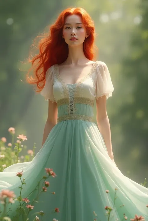 Create an image of a redheaded healer , in a flowing , Playful dress . The dress should show a white underdress with a green-blue outer dress with flowers.  The dress should go up to the ankle at most, have a lacing on the chest , as well as short sleeves....