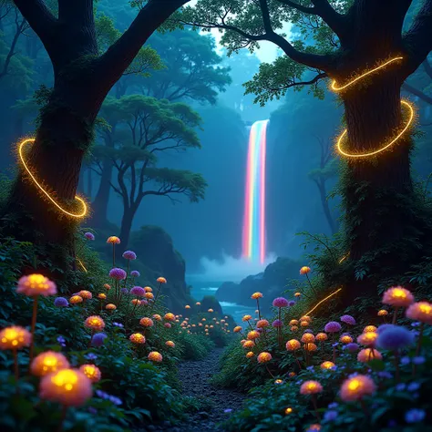 Dark green dense forest, golden neon vine flowers have grown around all the tree trunks, the forest is overgrown with red neon webs between the trees, there are many purple glowworms on the ground in the grass, yellow fluffy glowing balls are hovering on t...