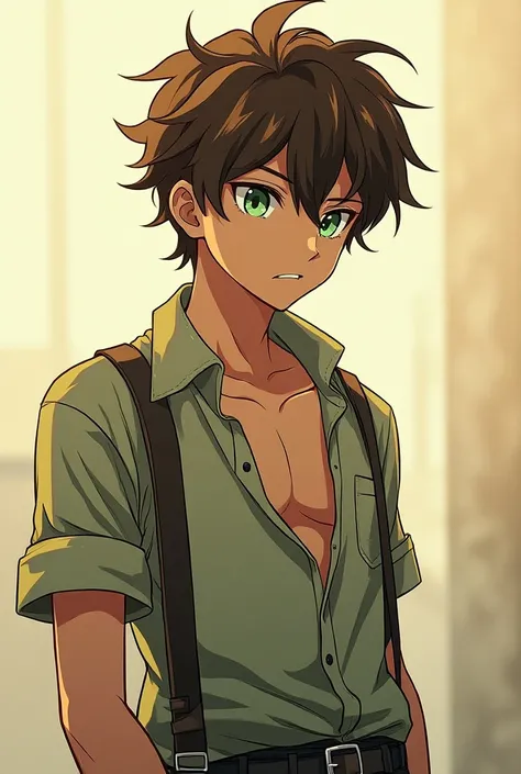 A young man with torn clothes,  brown hair and green eyes and who is in 2D anime