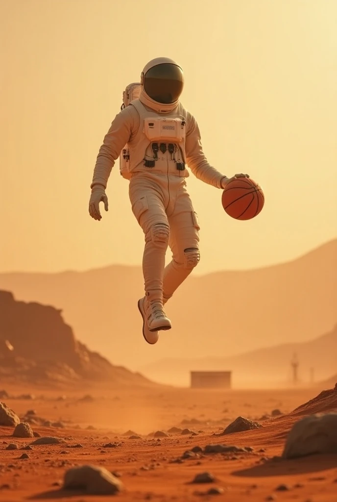 An astronaut playing basketball on Mars