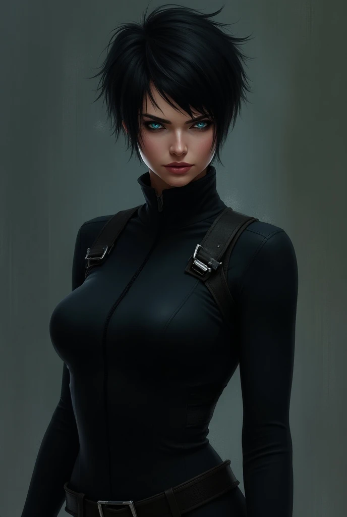 Nova has short, spiky black hair, piercing blue eyes, and wears a sleek black jumpsuit with a utility belt.