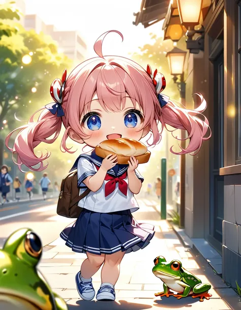 (( putting bread in front of my mouth :1.5、 I close my mouth and look like Im crying:1.5、Run energetically:1.5、 Im in a hurry so hurrying :1.5))、((One Girl:1.5)、((Chibi Girl:1.5)))、Kindergarteners:1.5、Best Quality、 High Resolution 、 detailed background、 be...