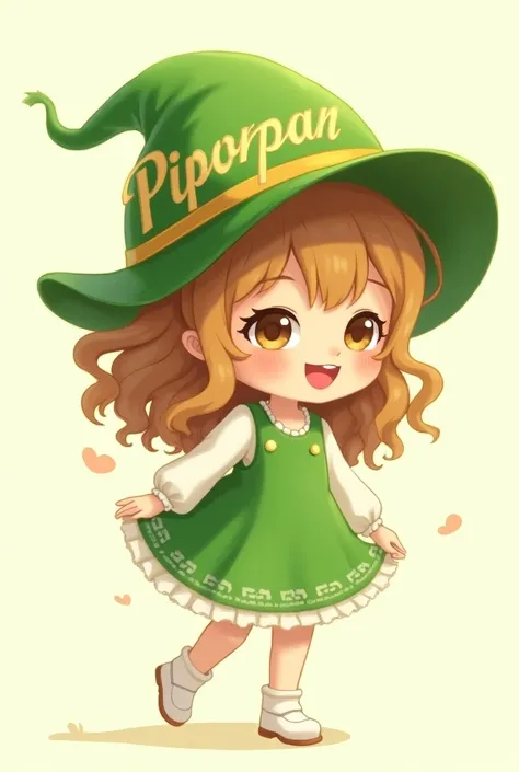 Option 1: Concise and direct
> "Render a 3D image of a chibi-style girl named PIMONPAN. She has long, wavy brown hair with gold highlights and wears an apple green dress. Her green hat is adorned with her name in gold lettering. She is wearing white shoes....