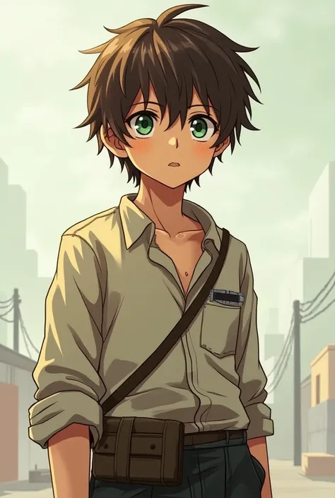 A young man with torn clothes,  brown hair and green eyes and who is in 2D anime