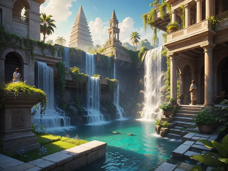 The Hanging Gardens of Babylon, pyramid-shaped and arranged in tiers, are lush gardens that rise in a magnificent architecture of large stone steps and soaring columns. Each level of the structure is covered with lush greenery, vibrant climbing plants and ...