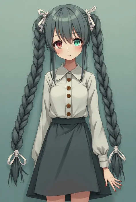  a girl with long gray braids , messy ,  that fall down to the knees and gradually fade into a dark gray and cooler at the bottom. she has heterochromia,  her right eye is turquoise ; rosa.  Her nails are painted turquoise .  The braids are supported by wh...