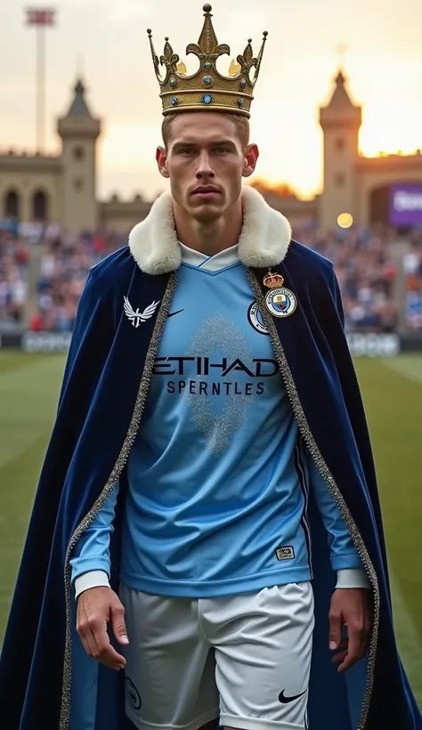 " Bruyne wearing a fusion Impressive between the Manchester City uniform and the costumes of the English royals.  He wears the sky blue jersey of his club ,  now adorned with elegant silver and gold embroidery ,  that highlight its importance in soccer .  ...