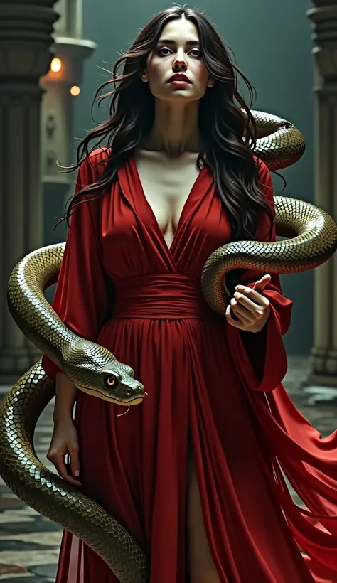  there is a woman in red robes for a ritual , she is beautiful , And a snake surrounds her  