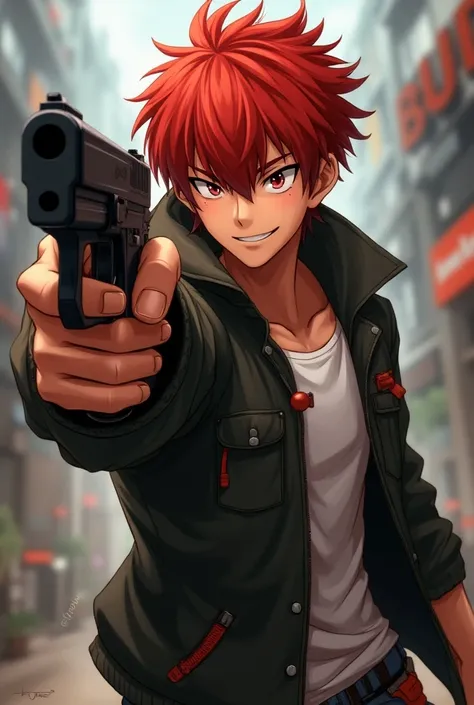 Brown skin　Anime Style　male　Red Hair　gun　smile