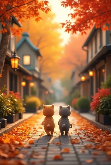 A small town street in autumn, with vibrant gold and red leaves covering white trees. Warm lanterns softly glow at dusk along the roadside. Two cats walk side by side along the leaf-covered path, creating a charming and peaceful moment. The scene is framed...