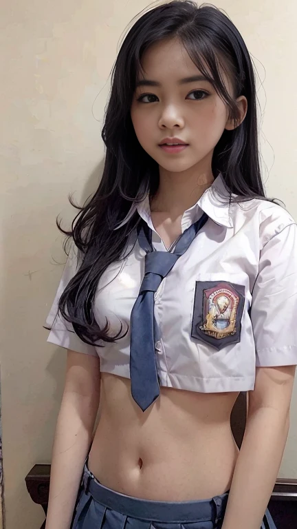 high school uniform, small breast, unbuttoned shirt, open chest, show breast