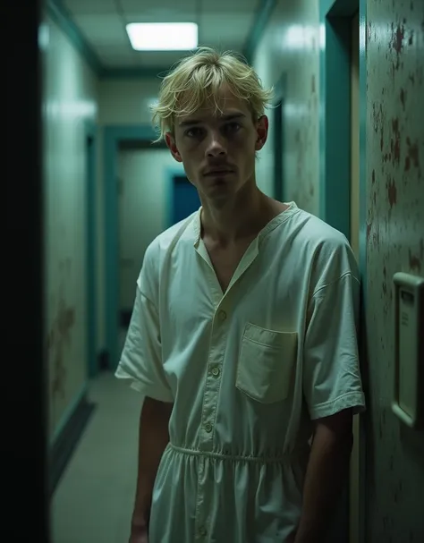 realistic, photorealistic, patient in a mental asylum cell in 1920, 35-year-old man, disheveled blond hair, wearing a white patient gown, crazy look, standing, thin, tired-looking, mental asylum in 1920, cold colors, 1920s vintage, cinematic lighting