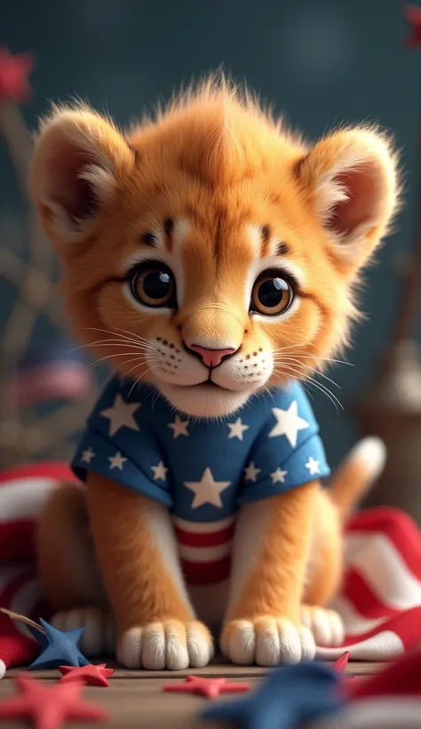 American Lion Cub: Decorate the lion cub with the colors of the American flag, having it gaze into the camera in a charming way, with details symbolizing American culture around it.