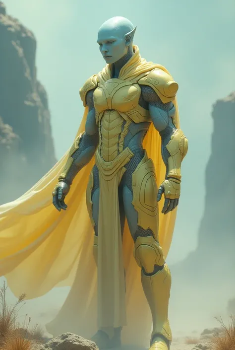 creature from the 5th dimension, ethereal body, from another planet wear pure yellow grey mechanical armor, pale blue skin tone, brave, smart, and fierce, Hero Aura