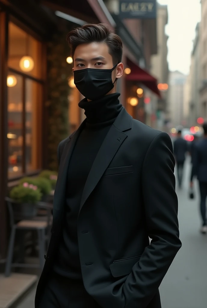 A  cute boy weared black mask and wearing fancy clothes standing near coffee shop 