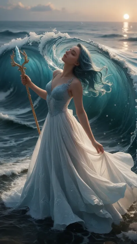 A serene female figure floating above a calm ocean, surrounded by swirling water that forms elegant shapes around her. She has long, flowing blue hair that moves like waves, and her dress is made of shimmering water droplets, almost transparent. Her eyes a...