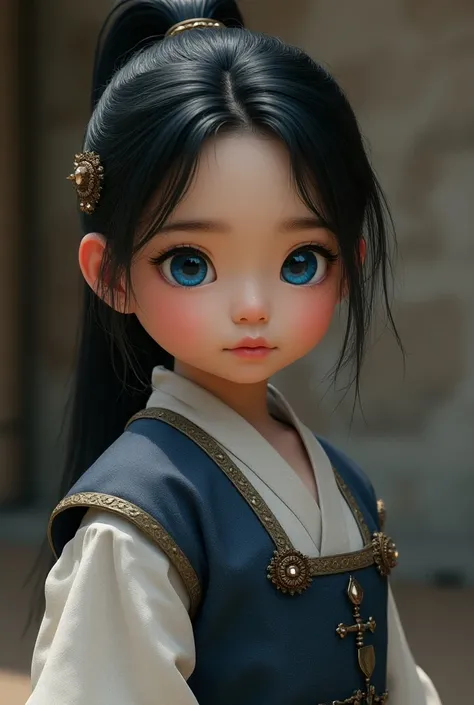  Nine-year-old Asian girl with blue eyes , black hair , ponytail hairstyle with medieval clothes  