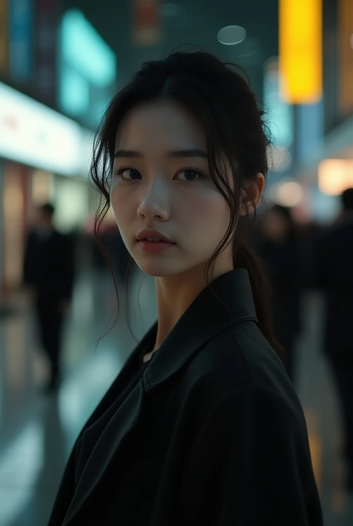 Dark zoom image of a beautiful Korean woman at the mall 