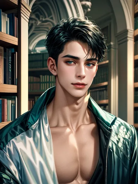 handsome young man, In autumn evening mood , Black Hair Short Hair, blue eyes, ombros largos,  masterpiece, Absurd, beautiful and detailed face, gentle smile,  looking at the viewer, with a dark green Adidas long sleeve jacket. In a library

