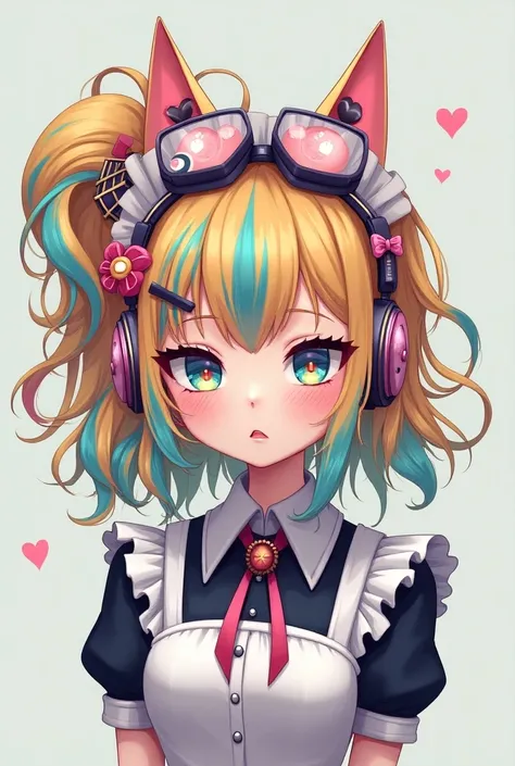 rainbow hair, collect, hairclip,  headband, hair bow, maid headdress,  protective goggles ,  moon under the eye ,  heart-shaped pupils , cat ear headphones, bored