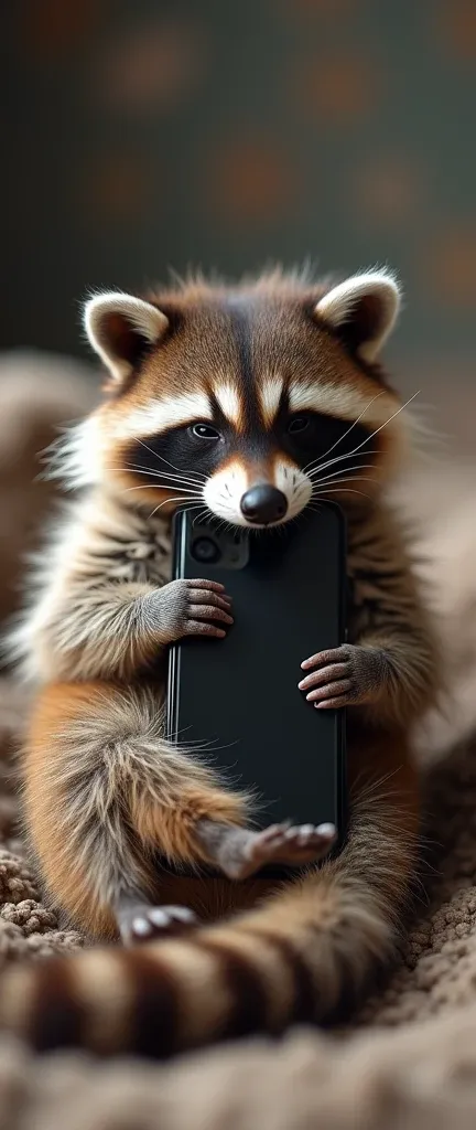 A photo of an extra fluffy baby raccoon with its eyes closed tightly. The raccoon is wrapped around a phone. Only the back of the little animal and the dangling fluffy tail are visible. The background is blurred.