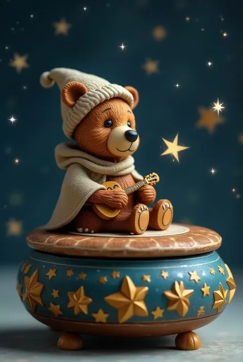 Music box, music box of a brown bear, the music box is star themed 