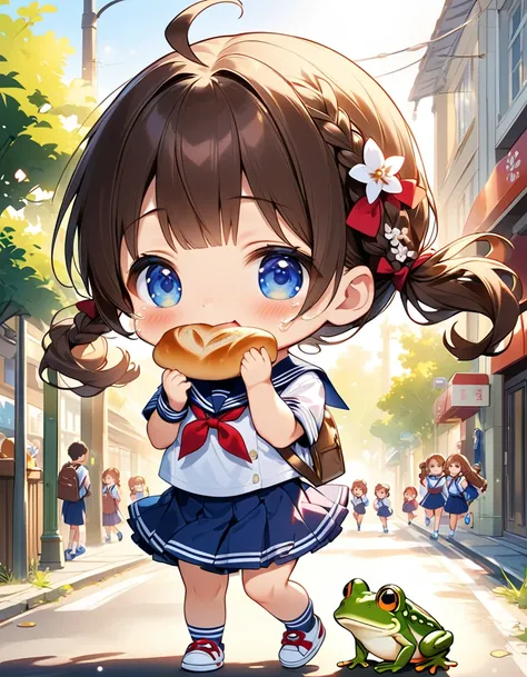 (( putting bread in front of my mouth :1.5、 I close my mouth and look like Im crying:1.5、Walk briskly:1.5、 Im in a hurry so hurrying :1.5))、((One Girl:1.5)、((Chibi Girl:1.5)))、Kindergarteners:1.5、Best Quality、 High Resolution 、 detailed background、 beautif...