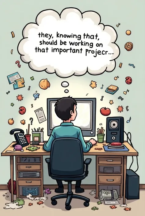  person sitting in front of a computer but around them there are many distractions, as food, telephone, video games, music, puzzles etc.  (in the form of a meme) 
 Y that has as a thought represented in the form of a cloud the following (In the cloud shoul...