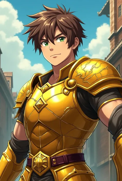  A young man with golden armor and sword,  with brown hair and green eyes, And let it be in 2D anime 