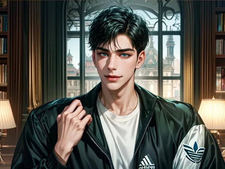 handsome young man, In autumn evening mood , Black Hair Short Hair, blue eyes, ombros largos,  masterpiece, Absurd, beautiful and detailed face, gentle smile,  looking at the viewer, with a dark green Adidas long sleeve jersey jacket. In a library

