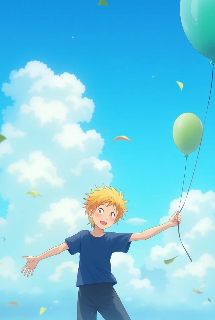 In an anime style, there are big clouds in the cobalt blue sky, raise a couple of green balloons to the right, and draw a gold-haired boy in the middle, smiling happily, and feeling the wind with his arms extended. The boy is wearing navy blue short sleeve...