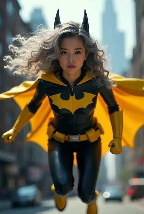 A beautiful youthful looking Filipino version of Ariana Grande as a 50 years old woman with long curly completely gray hair as the superhero batgirl wearing batgirl superhero costume