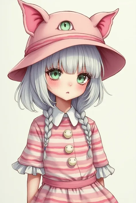 Wicked anime drawing of a girl with white hair with braids and pink ribbon , clothes with white collar Horizontal lines in white and pink with with a piggy hat with a green eye 