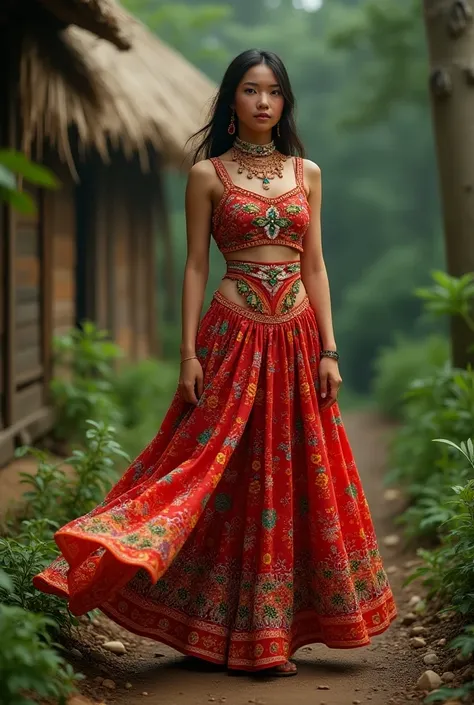 A vibrant Karbi traditional dress, featuring intricate beadwork and colorful patterns. The dress should have a flowing skirt and a fitted bodice. The model should be adorned with traditional Karbi jewelry, such as a necklace and earrings. The background ca...