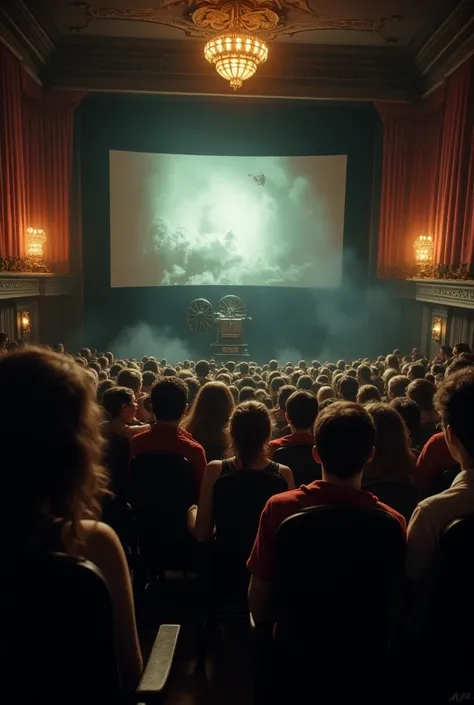 (A dramatic illustration of the moment people first heard sound in a movie theater, capturing their astonished expressions. The setting is a vintage cinema hall with an old projector, and the screen displays a scene from Alam Ara. The audience is captivate...