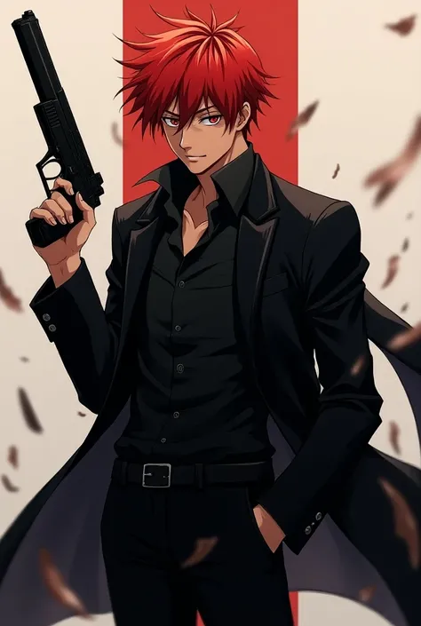 Brown skin　Anime Style　male　Red Hair　gun　smile　All black clothing　cool simple background, 