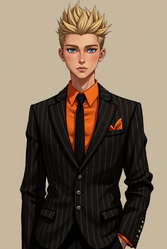 20 year old male , tan skin , blonde spikey hair with blue eyes wearing black pinstriped suit with burnt orange vertical stripes , burnt orange dress shirt and black tie High Resolution, Solo, 