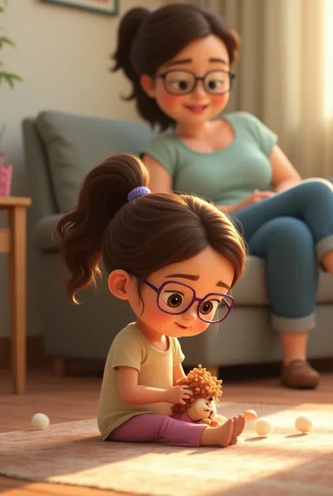 Image dune jolie petite fille de 4 ans style Disney Pixar.  She has brown eyes and brown hair that is wavy and long, wavy {x} She has brown eyes and long, wavy brown hair styled in a ponytail.  She wears thin dark purple glasses .  She is playing with a do...