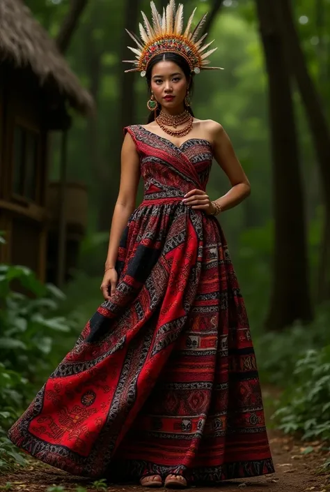 A vibrant Karbi traditional dress, featuring intricate beadwork and colorful patterns. The dress should have a flowing skirt and a fitted bodice. The model should be adorned with traditional Karbi jewelry, such as a necklace and earrings. The background ca...