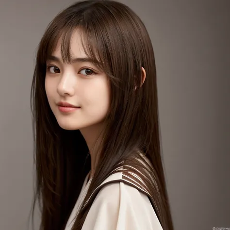 A close-up portrait of a japanease  high school girl with chestnut dark brown hair, deep brown eyes, soft smile, under soft studio lighting, showcasing detailed facial features, smooth skin texture, and a serene expression. The background should be a muted...