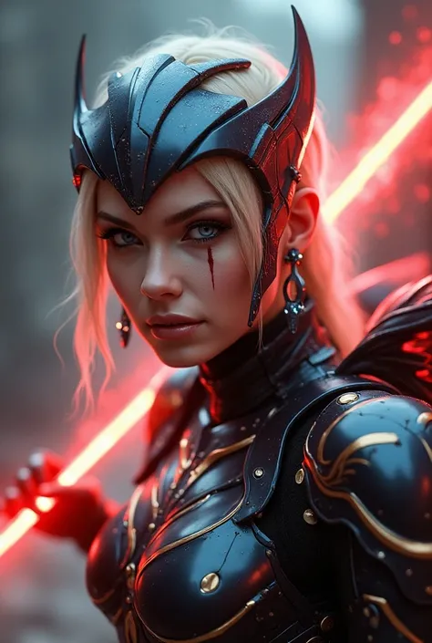 A valkryie with a winged helmet with blue and red glowing taint wields a long thin lash that is a glowing fiery red plasma. Her helmet and her armor is technologically advanced and so is her boots, there must also be small wings attached to her boots to ca...